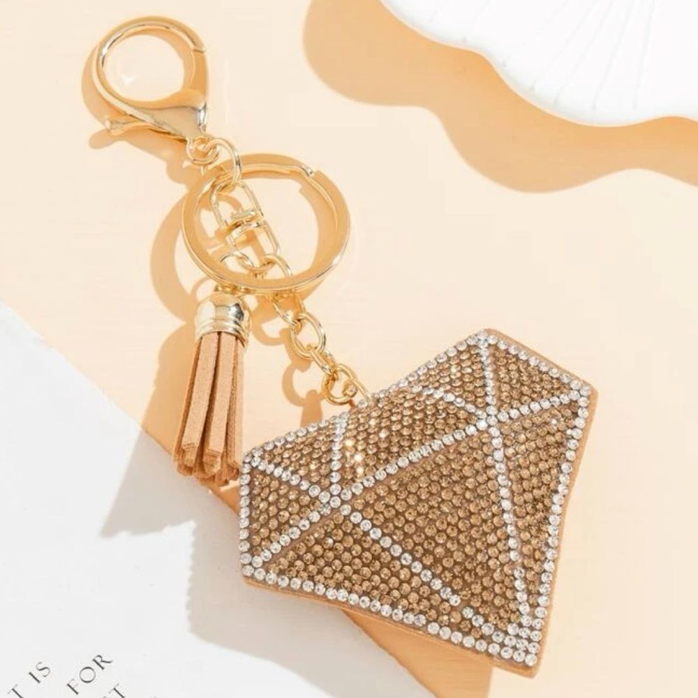 New Diamond Tassel Keychain Purse Charm Tan Beige Stocking Stuffer Gift